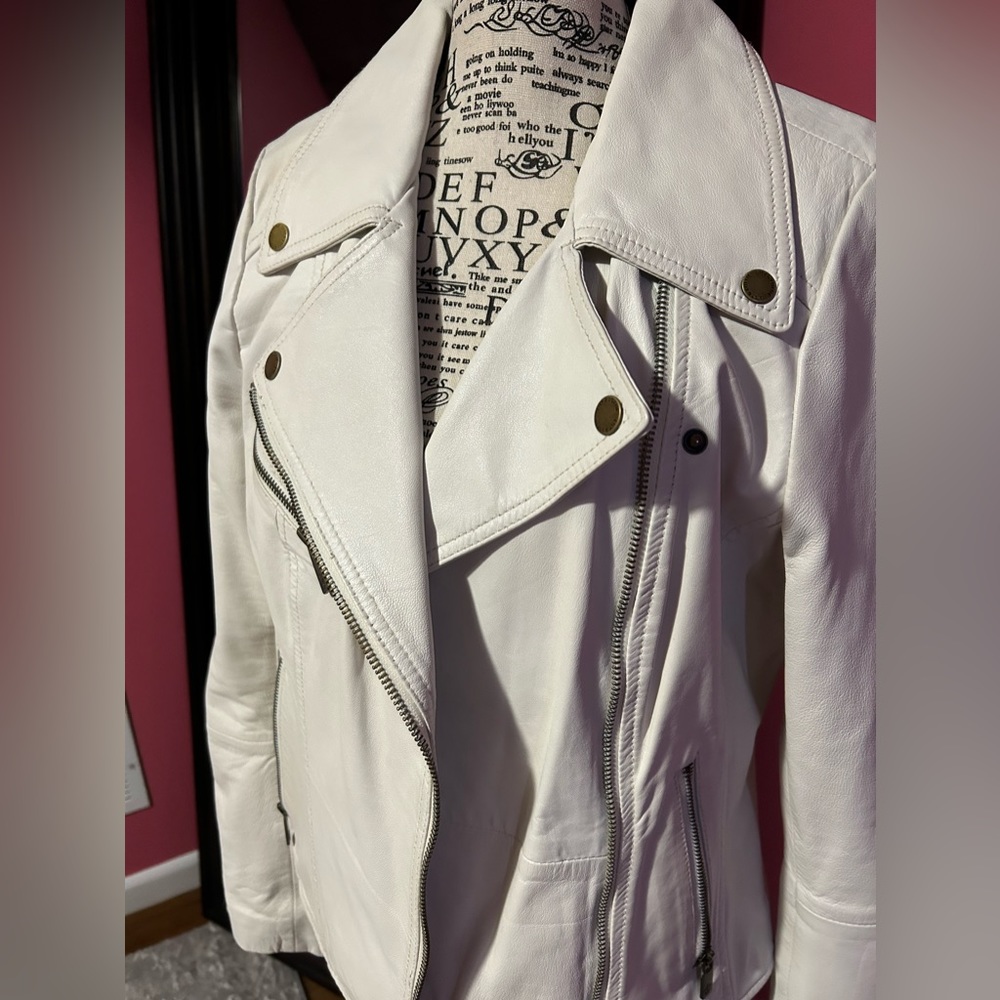 White / Off White Sheep Leather Moto Jacket - Picture 7 of 10
